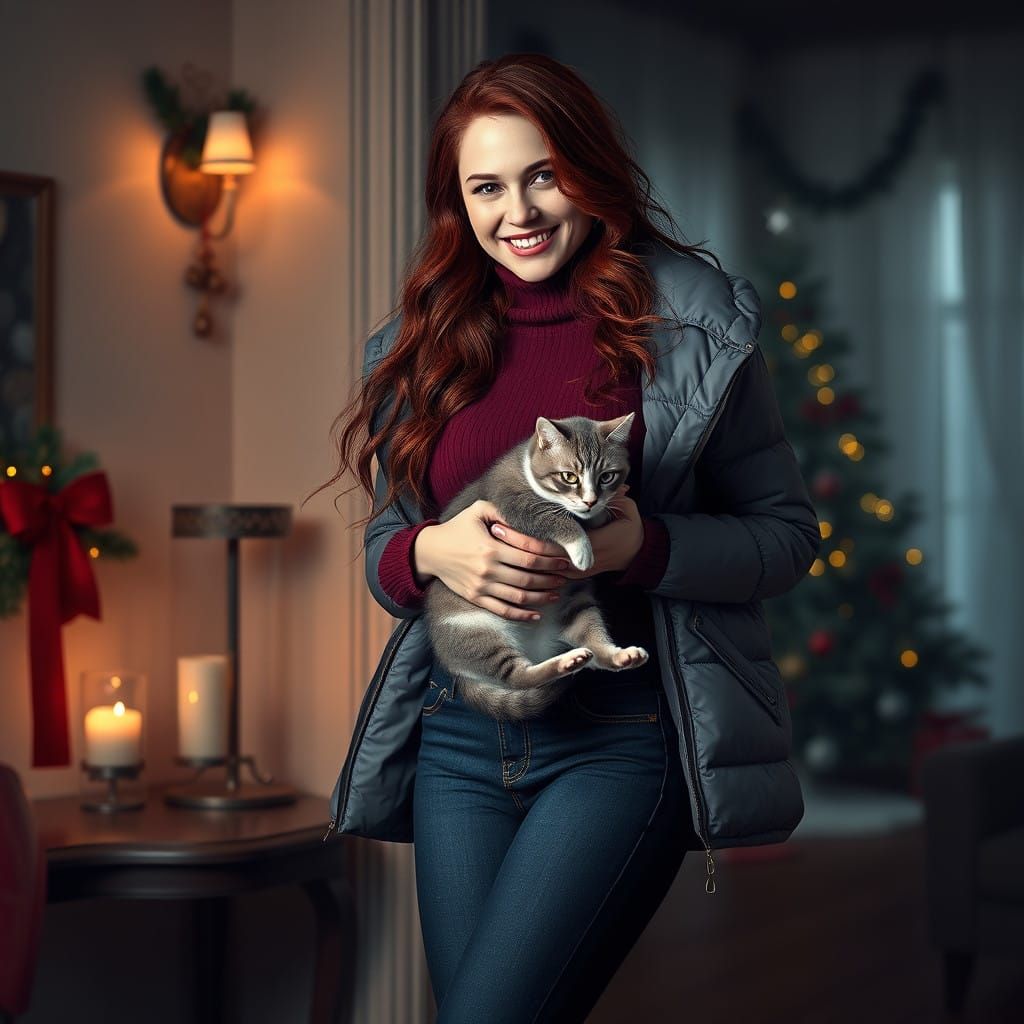 Elegant Redheaded Woman Cradles Cat in Festive Christmas Set...