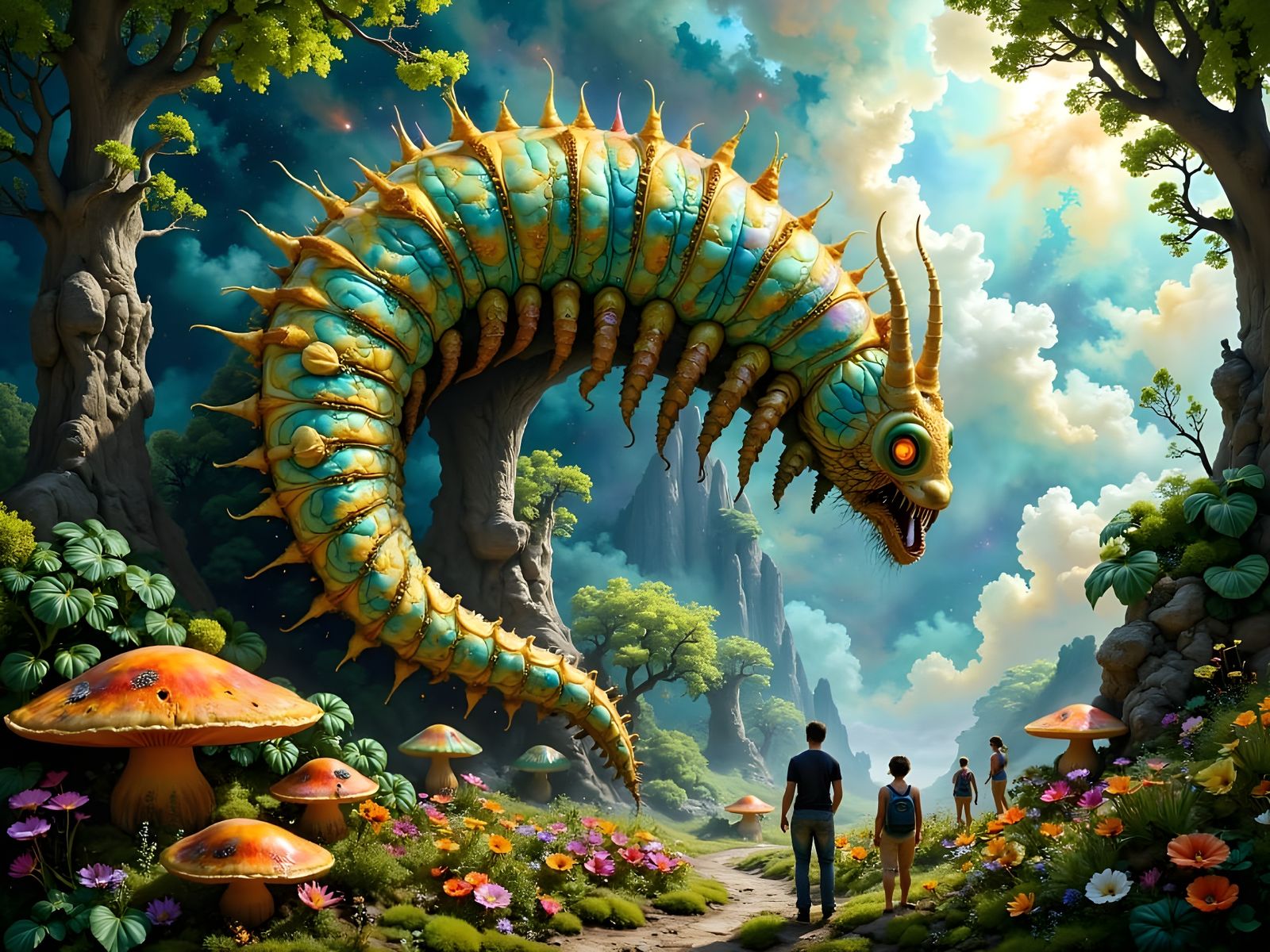 Surreal Giant Caterpillar in Fantastical Forest