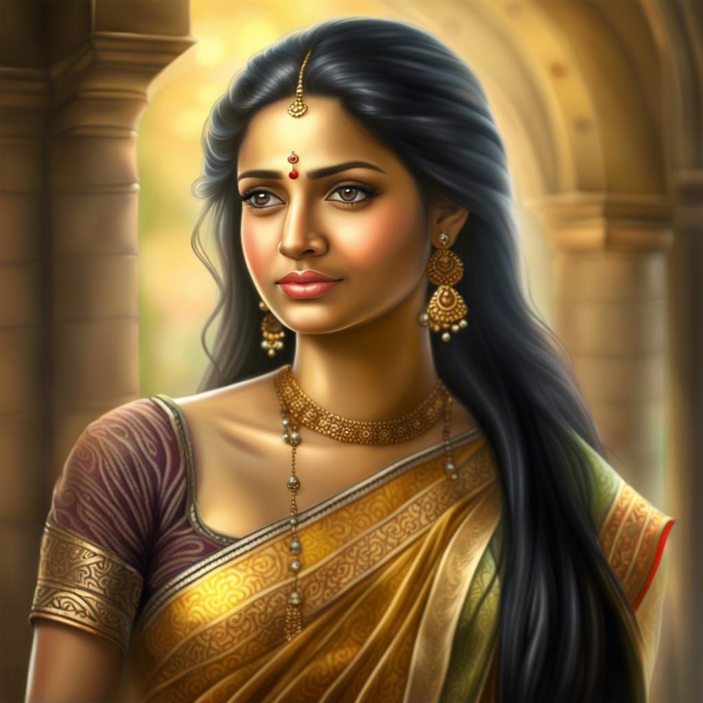 Beautiful Princess in Transparent Saree: Hyperrealistic Port...