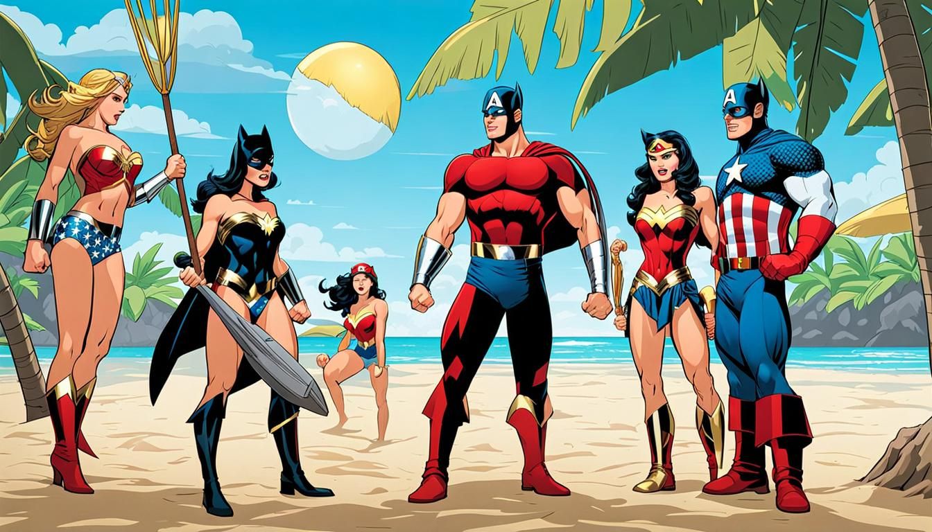 Superheroes Play Beach Volleyball on Paradise Island