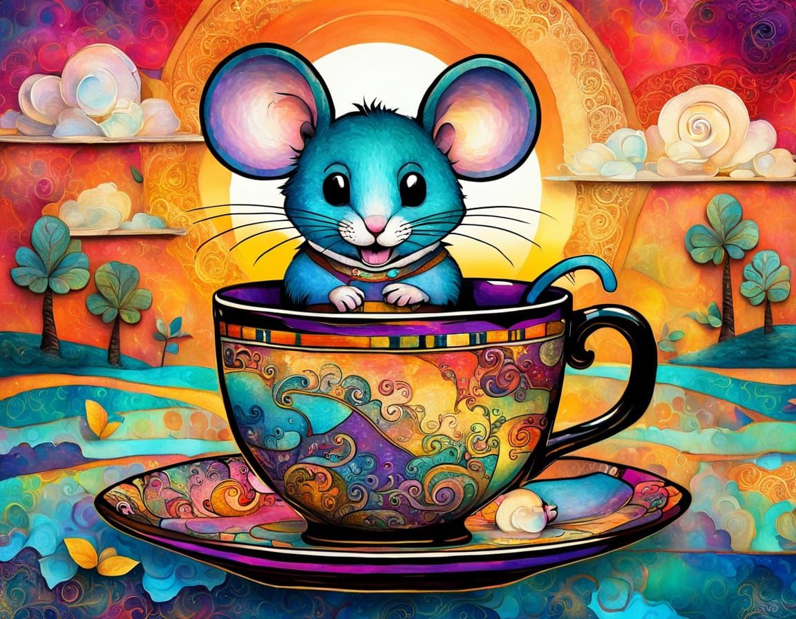Giant Mouse Holds Teacup at Sunset