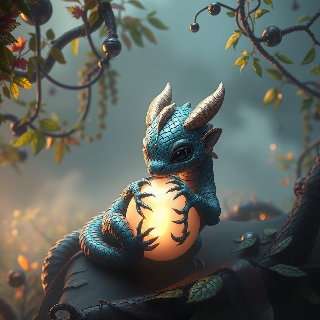 Mystical Dragon Baby Cradles Glowing Pearl