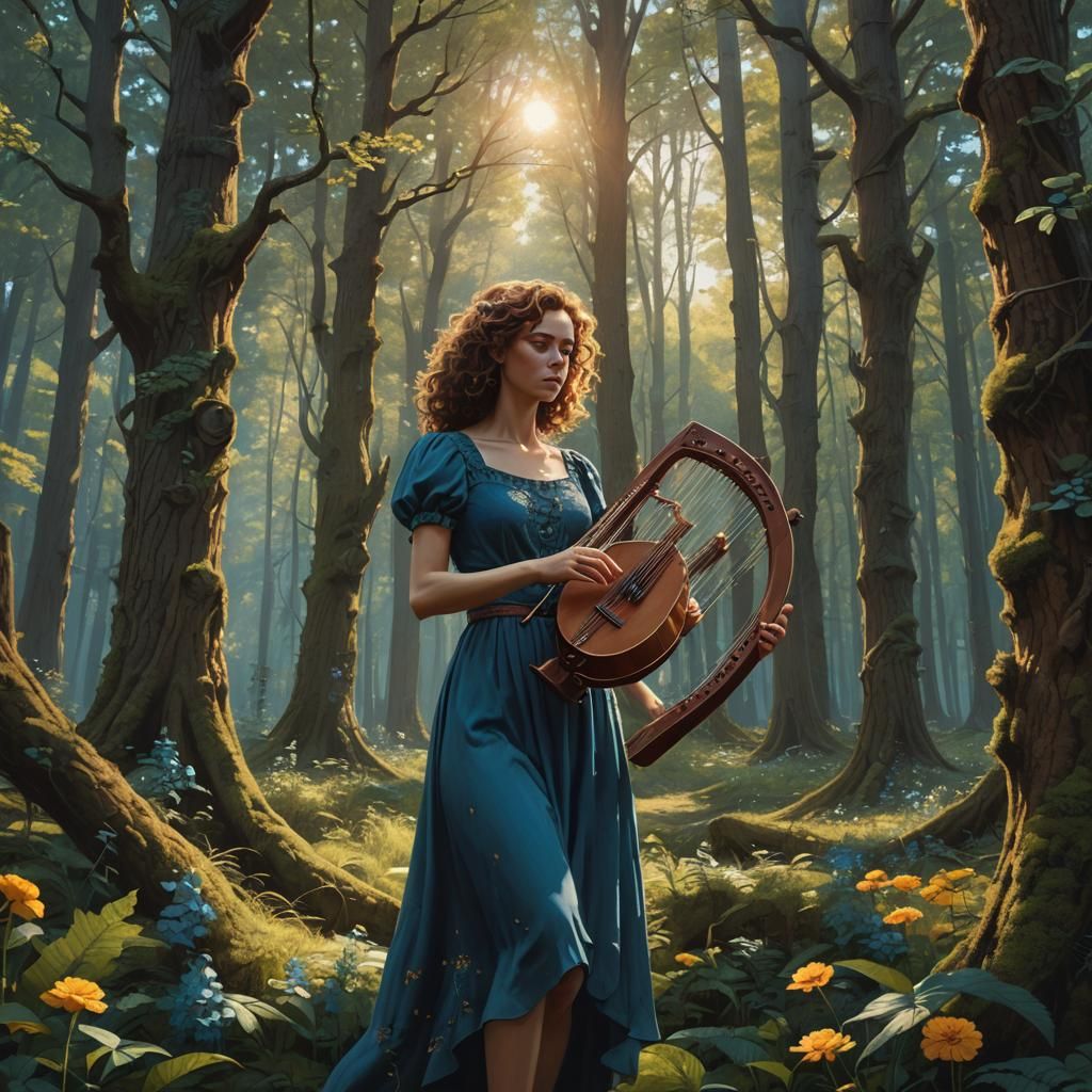 Woman Plays Lyre in Forest: Hyperrealistic Digital Art