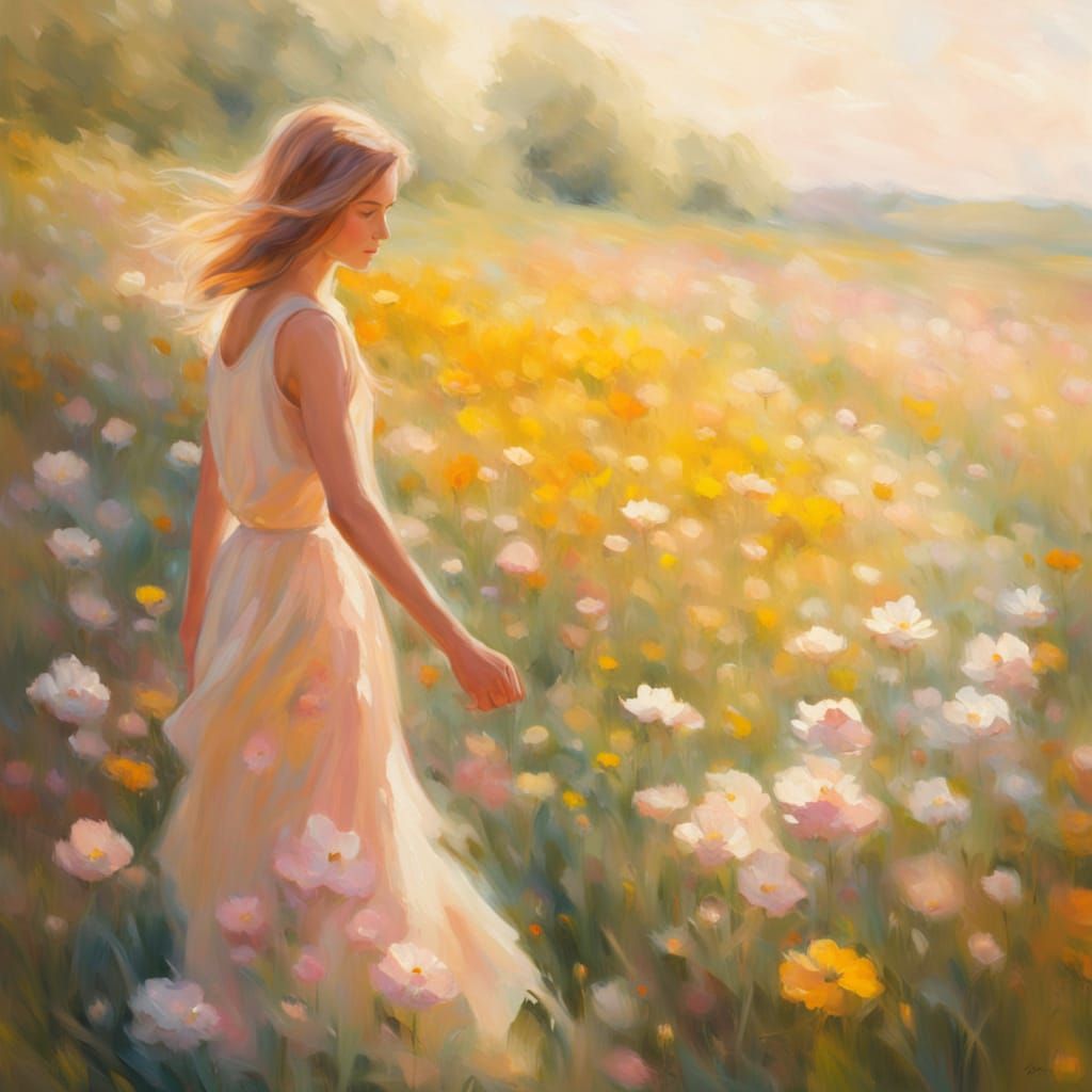 Woman in Flower Field, Impressionist Oil Painting