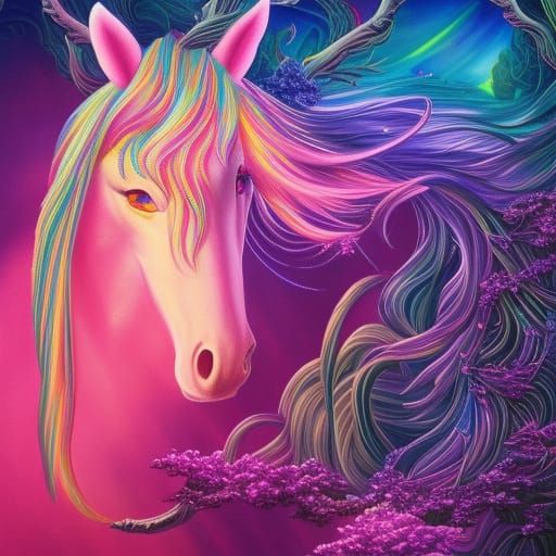 Intricate Holographic Unicorn in Surrealist Painting