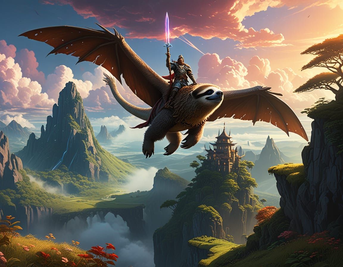 Heroic Sloth King on Dragon in Pastel Fantasy Art