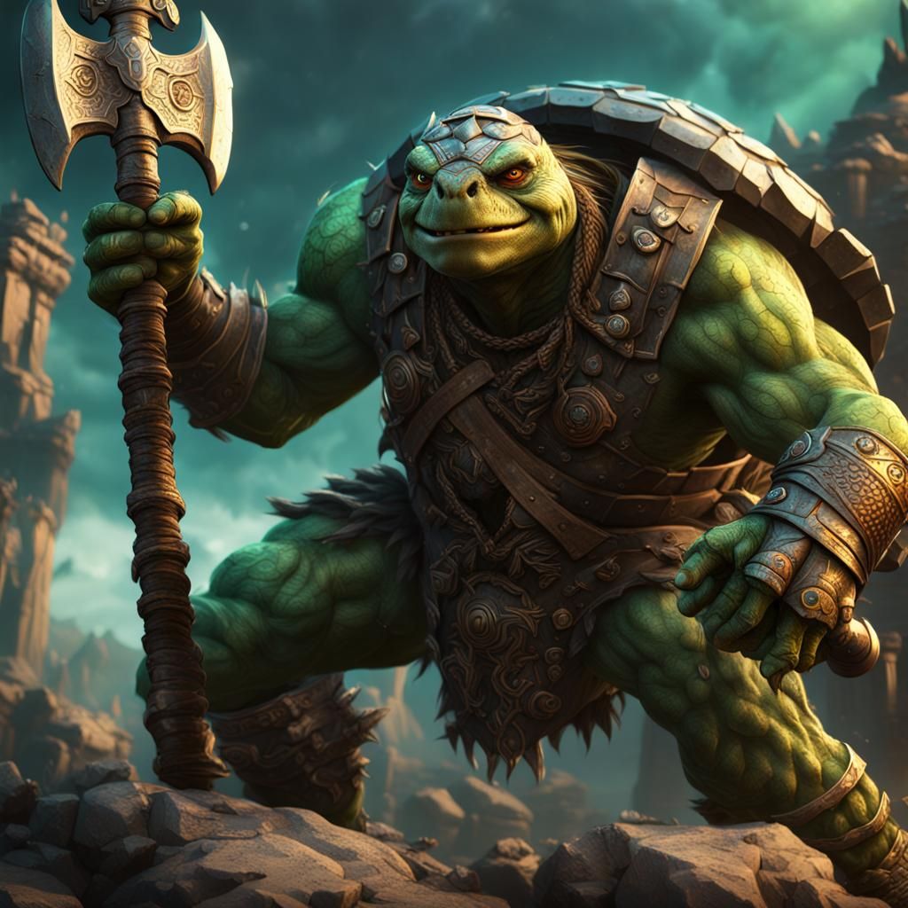 Green Tortle Barbarian with Fangs: Fantasy Art