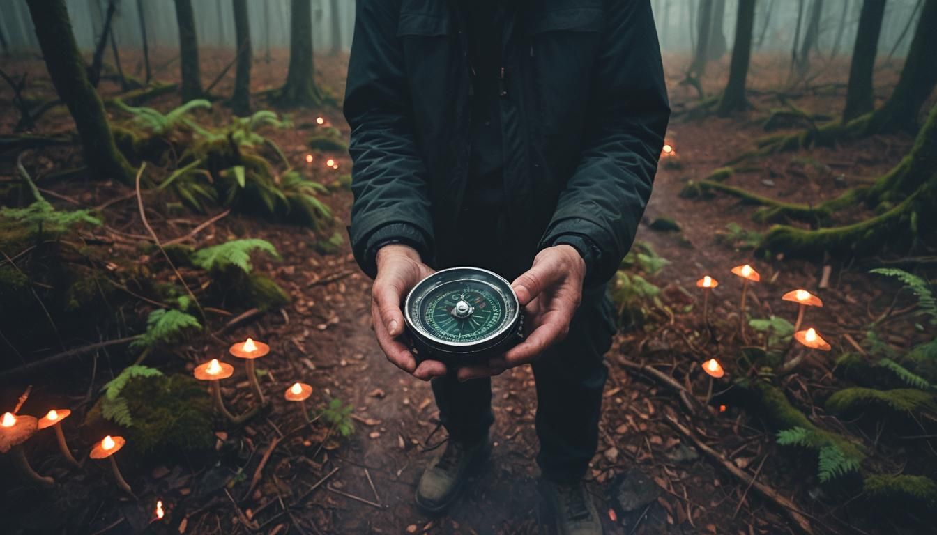 Man with Compass in Dark Forest: Cinematic Still