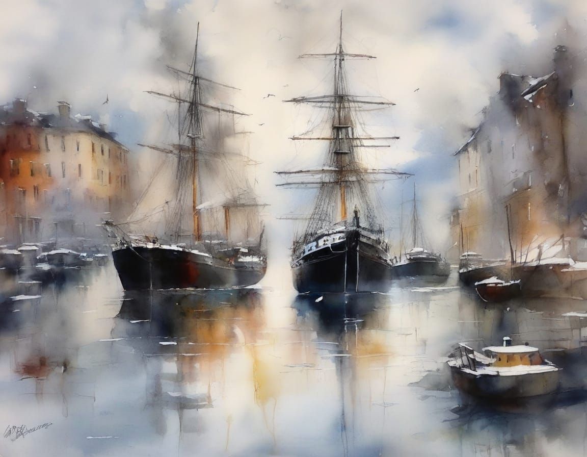 19th-Century Sailing Ships in Icy Waters