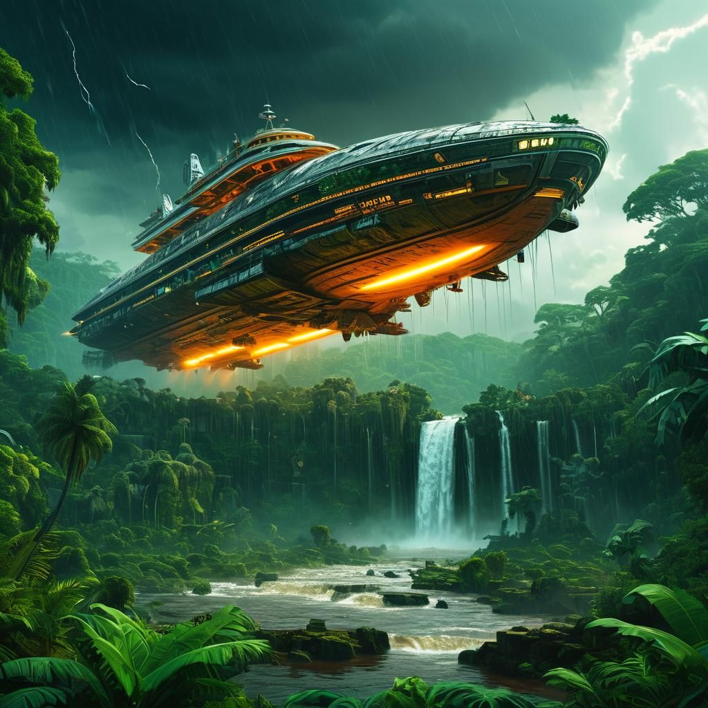 Spaceship Landing on Jungle Planet: Vivid Digital Art