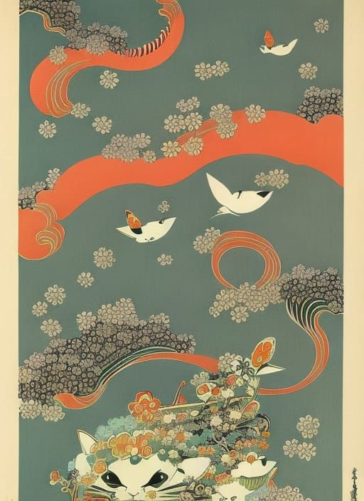 Kawaii Lucky Cat Illustration in Art Nouveau Style