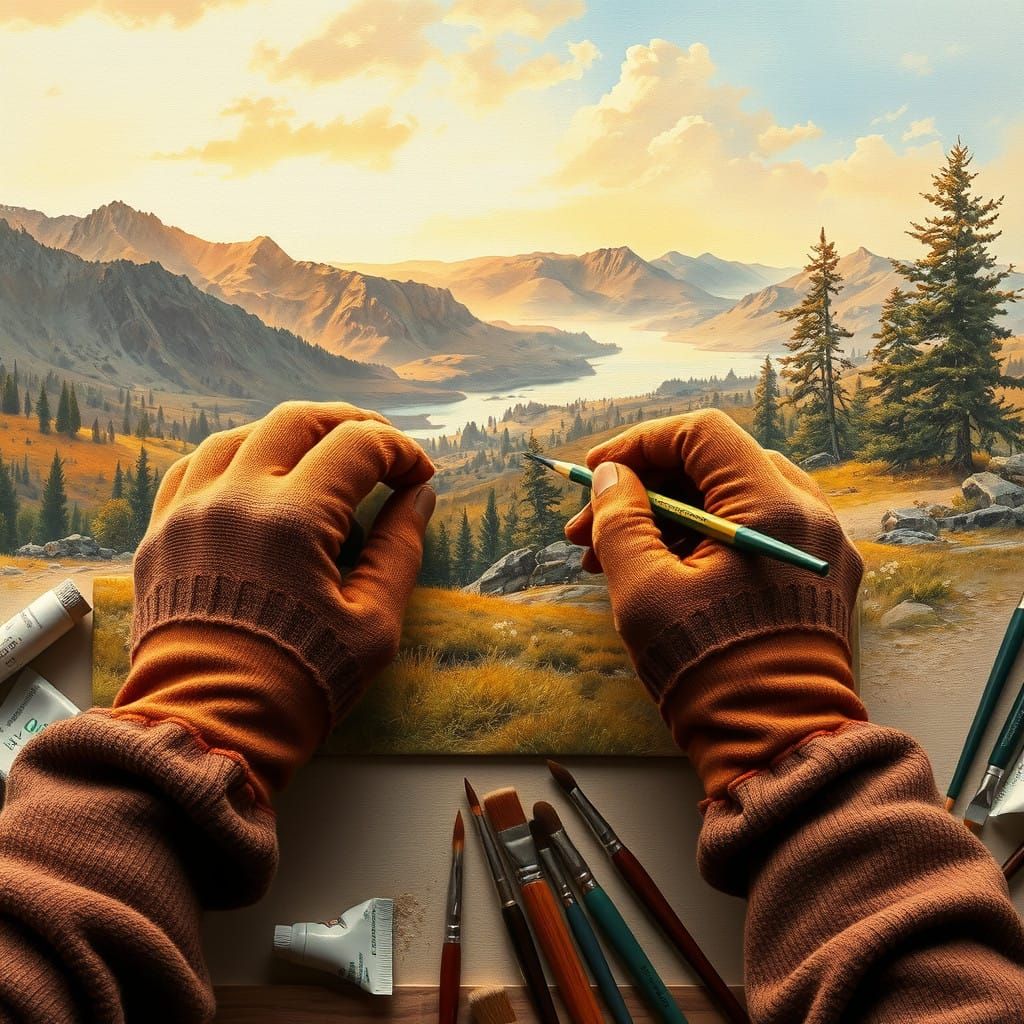 Hands Painting a Majestic Landscape in Golden Light