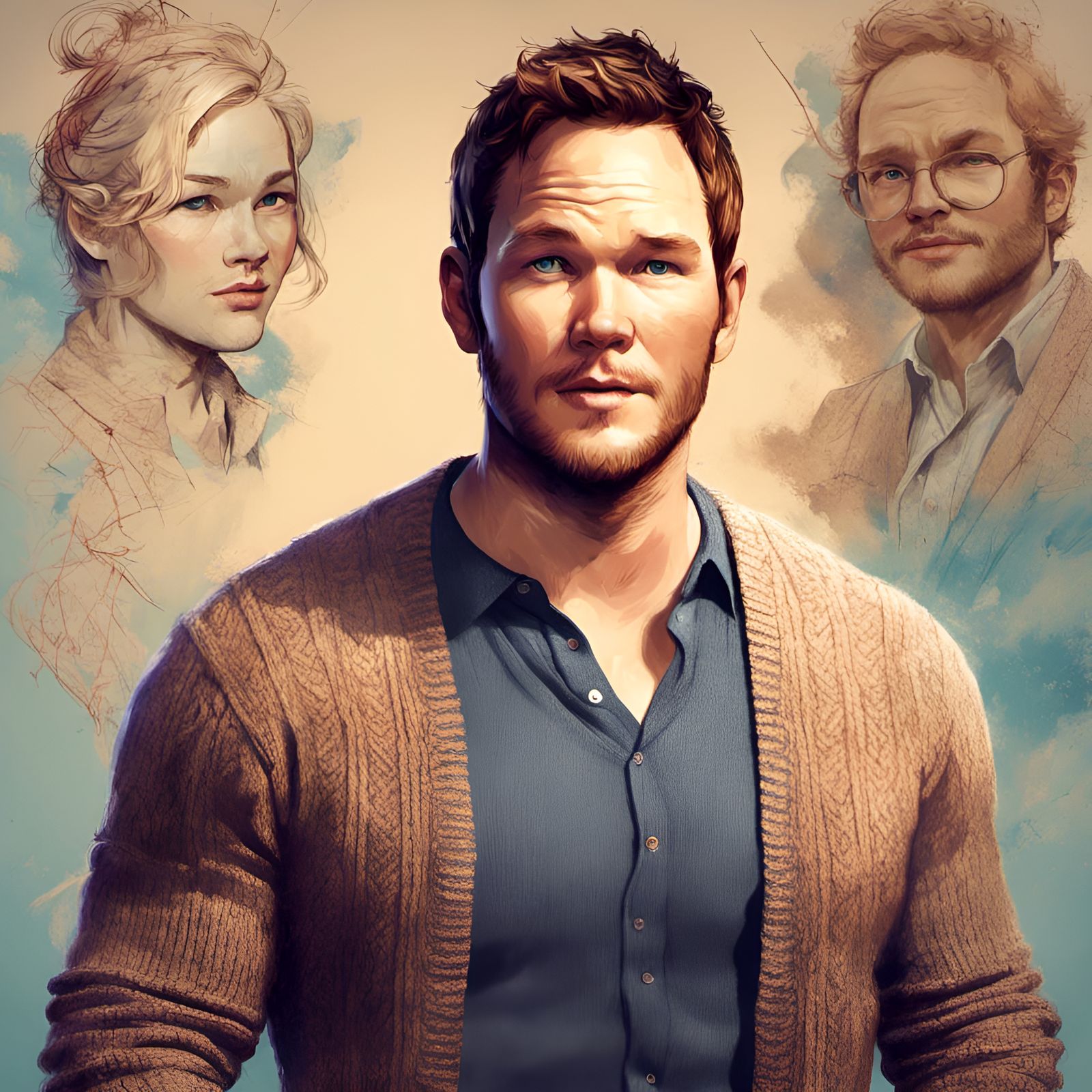 Chris Pratt Portrait in Cardigan, Digital Illustration