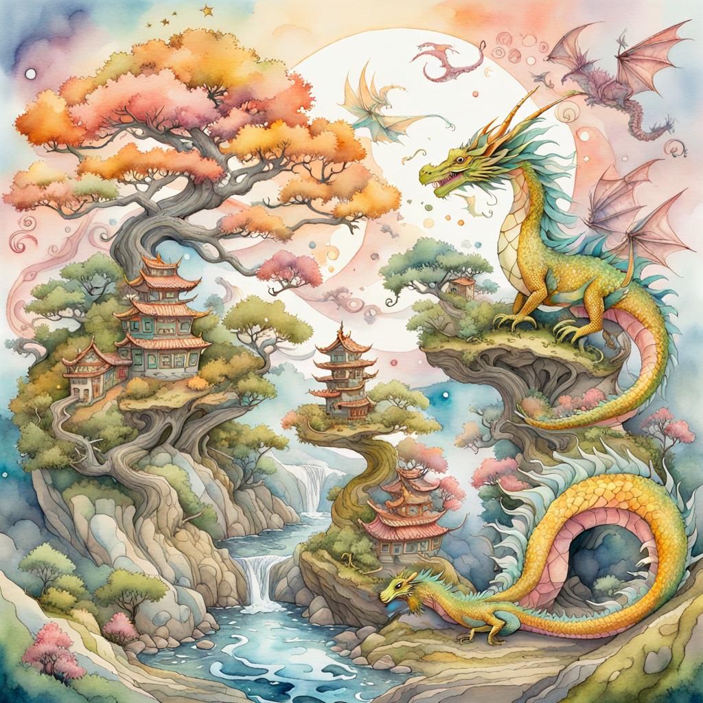 Whimsical Bonsai Dragons in Watercolor and Ink