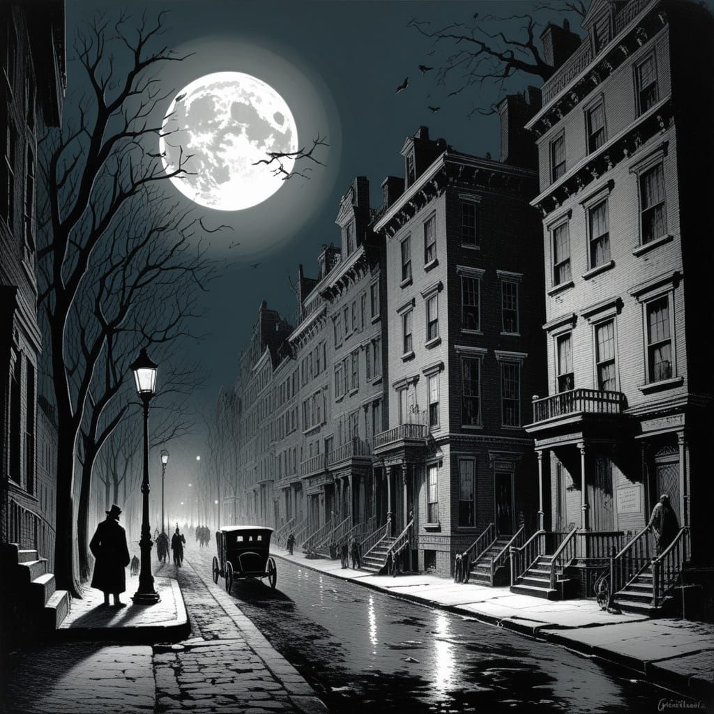 Moonlit 19th Century Greenwich Village Street in a Dark Goth...
