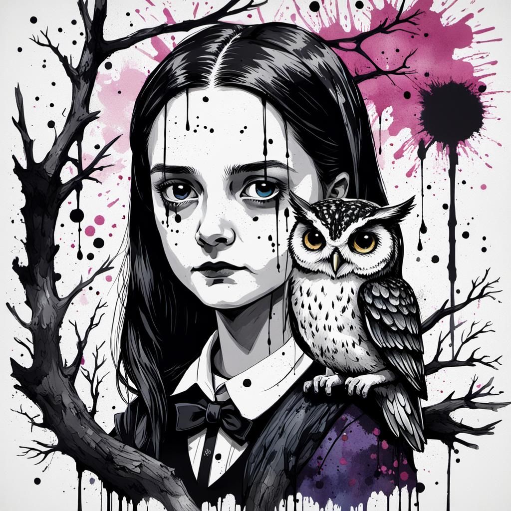 Whimsical Wednesday Addams Ink Splatter Portrait with Owl