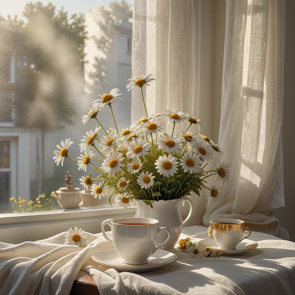 Sunlit Daisies and Tea: Digital Matte Painting
