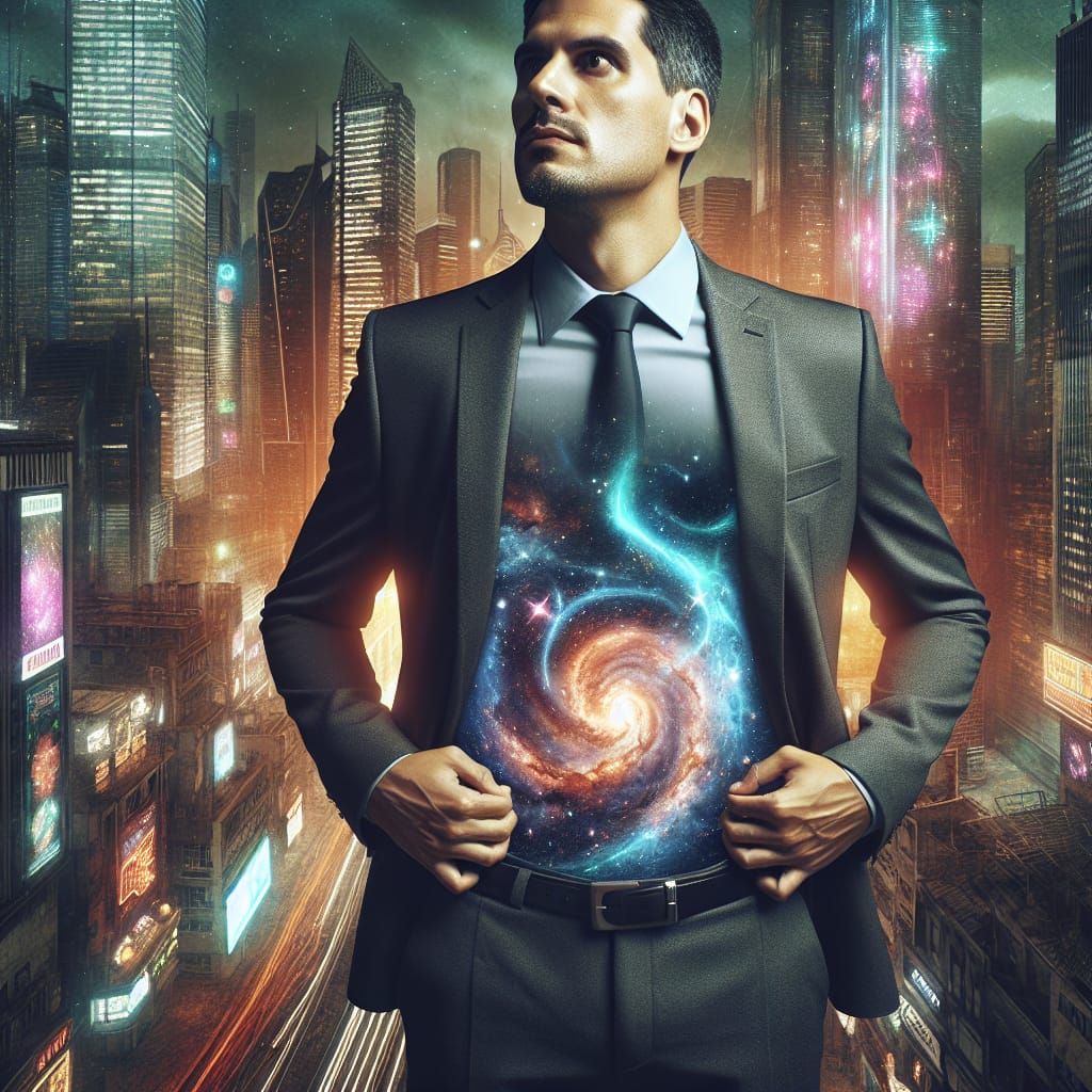 Cosmic Businessman in Gritty Sci-Fi Cityscape