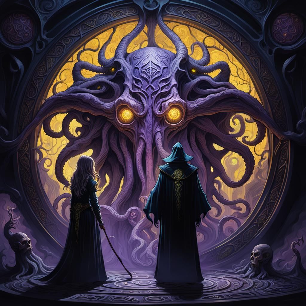 Witch and Warlock Invoking Cthulhu, Art Nouveau Style