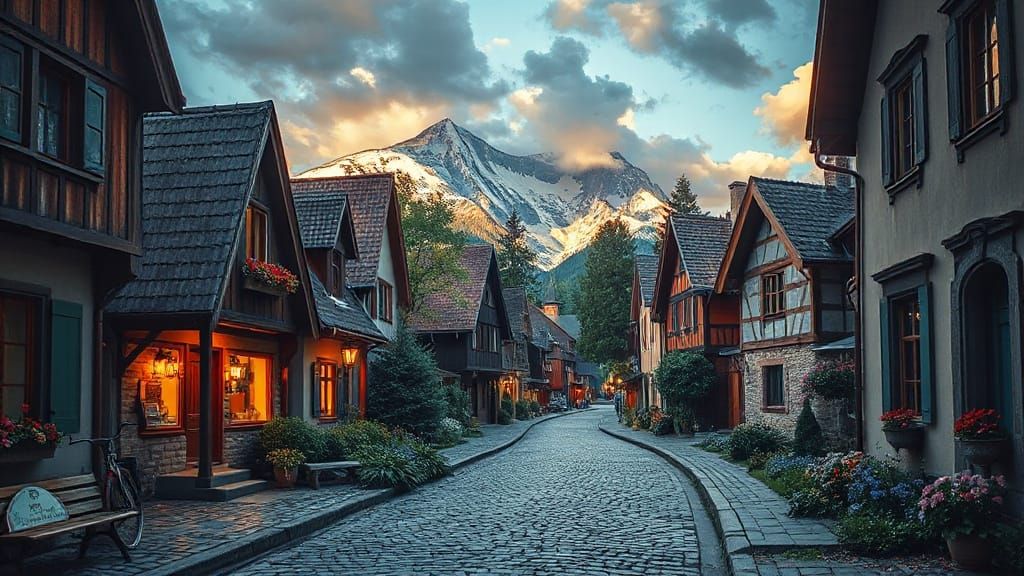 Charming Swedish Village Amidst Alps in Dramatic Light