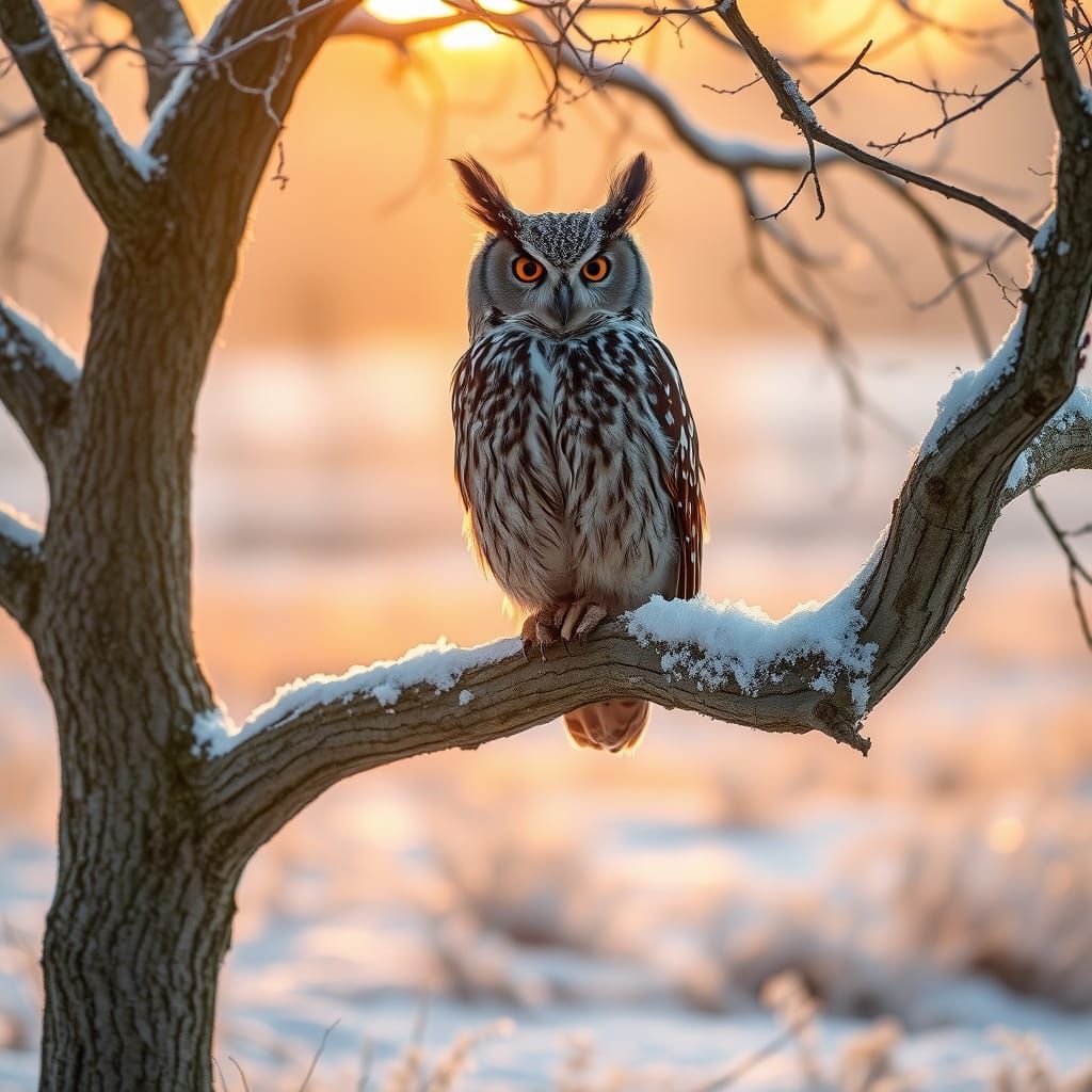 Majestic Great Horned Owl in Winter Landscape
