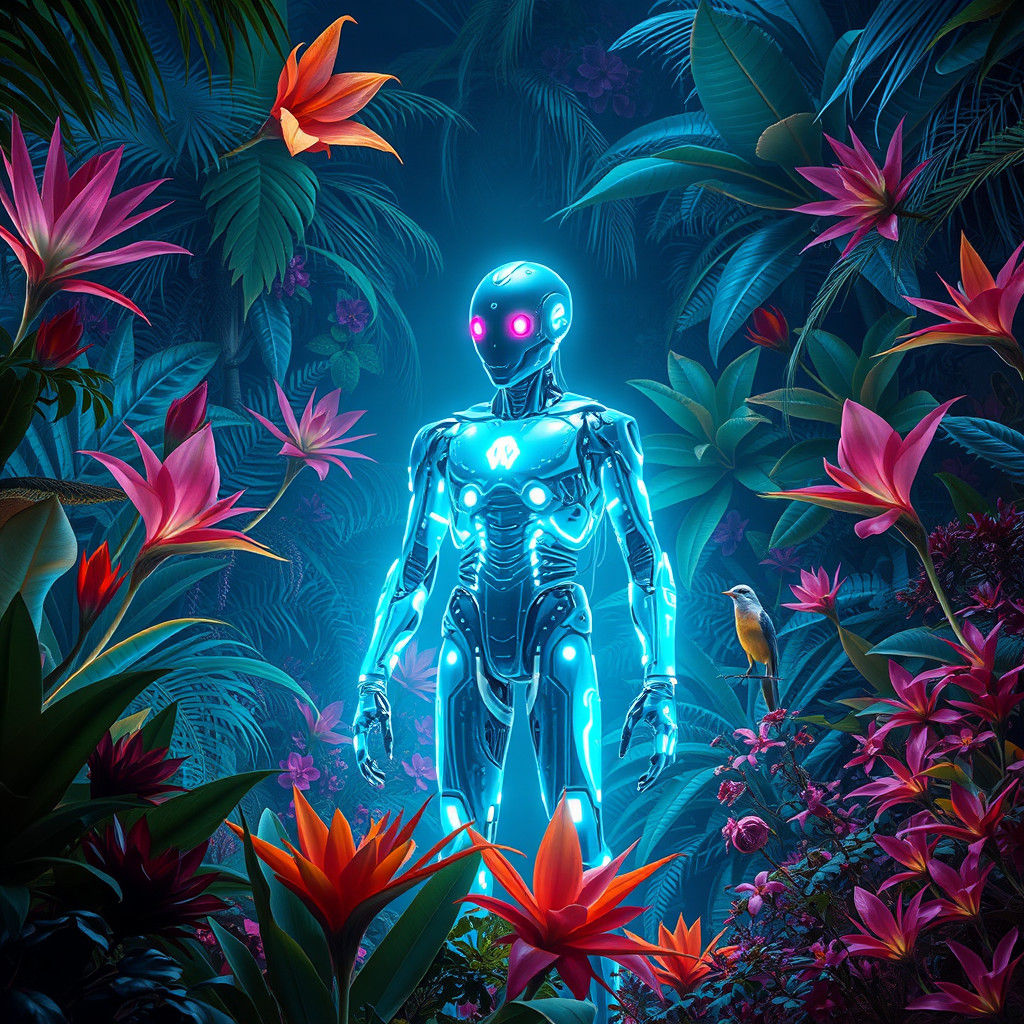 Cybernetic Being in Lush Botanical Garden