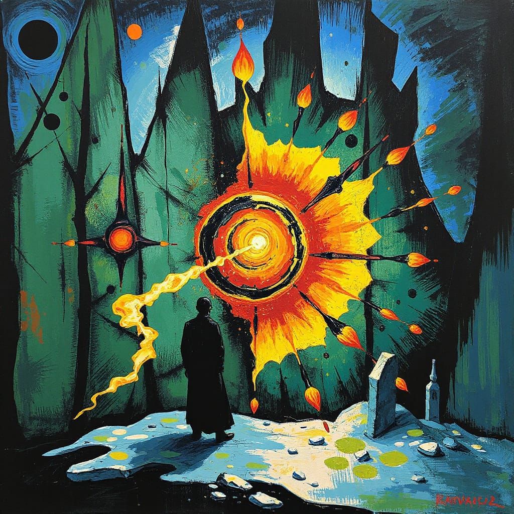 Surreal European Mixed Media Painting with Ink Elements