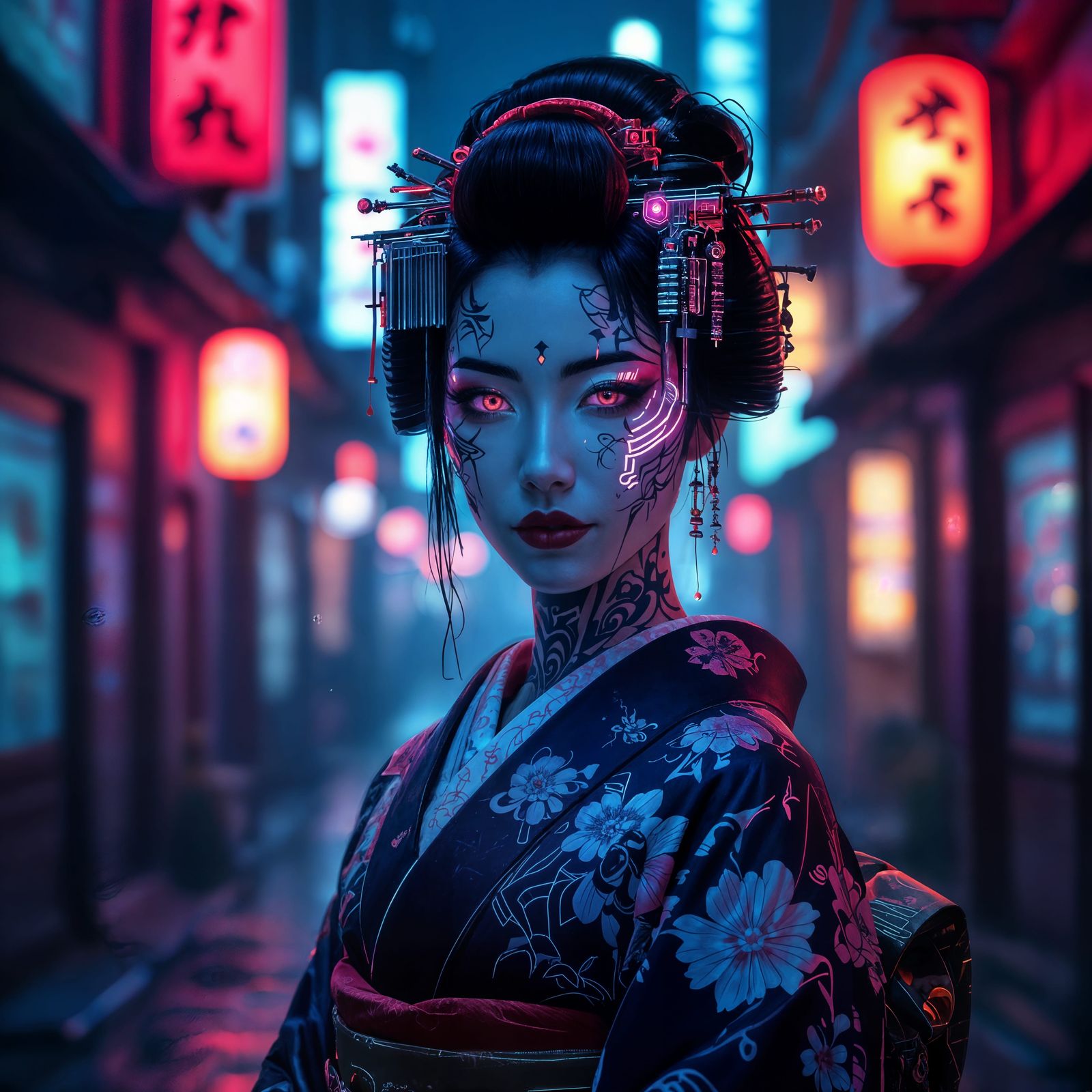 Cyberpunk Geisha Portrait in Neon Alley