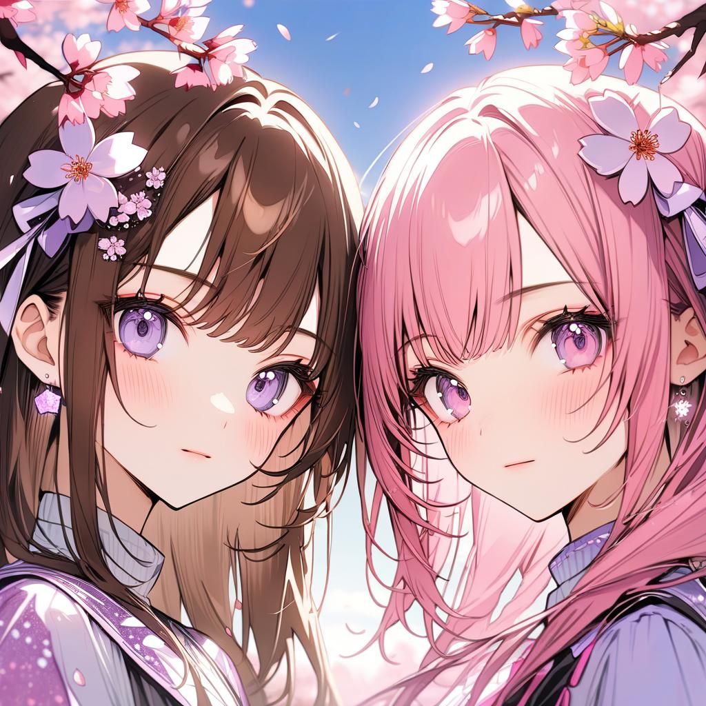 Anime Girls Under Sakura Blossoms Portrait