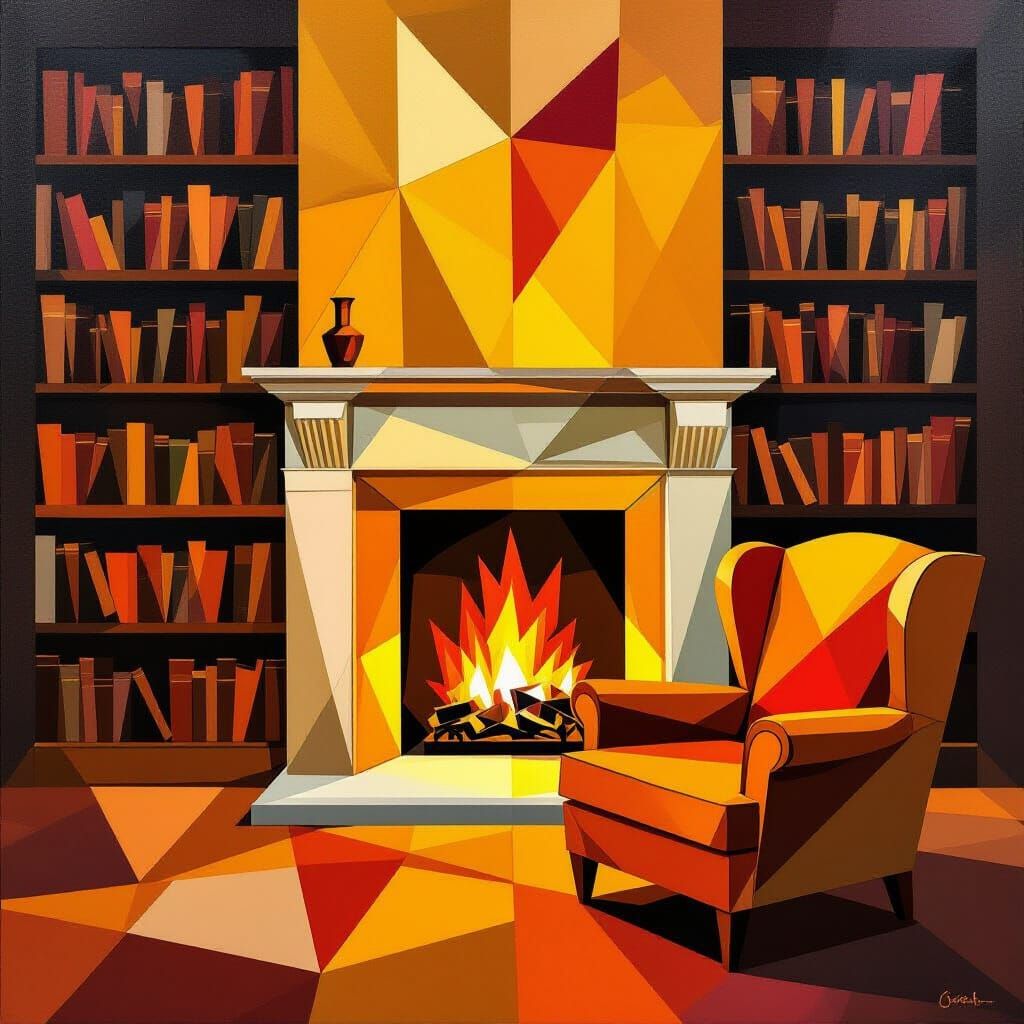 Cubist Library Corner with Geometric Fireplace