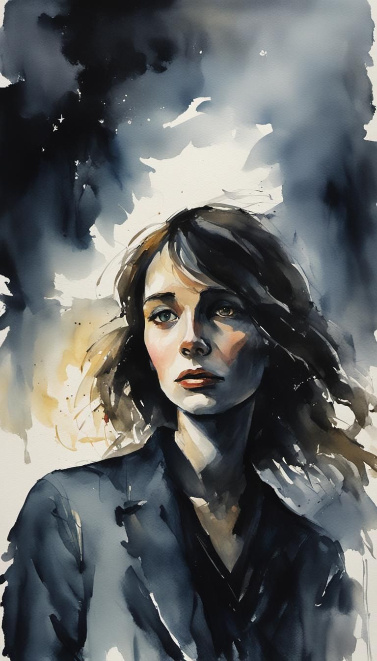 Dramatic Watercolor of Woman in Light and Shadow
