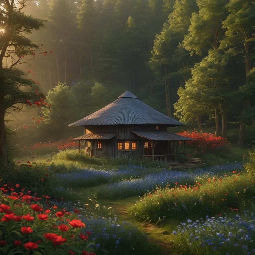 Magical Forest House in Golden Light
