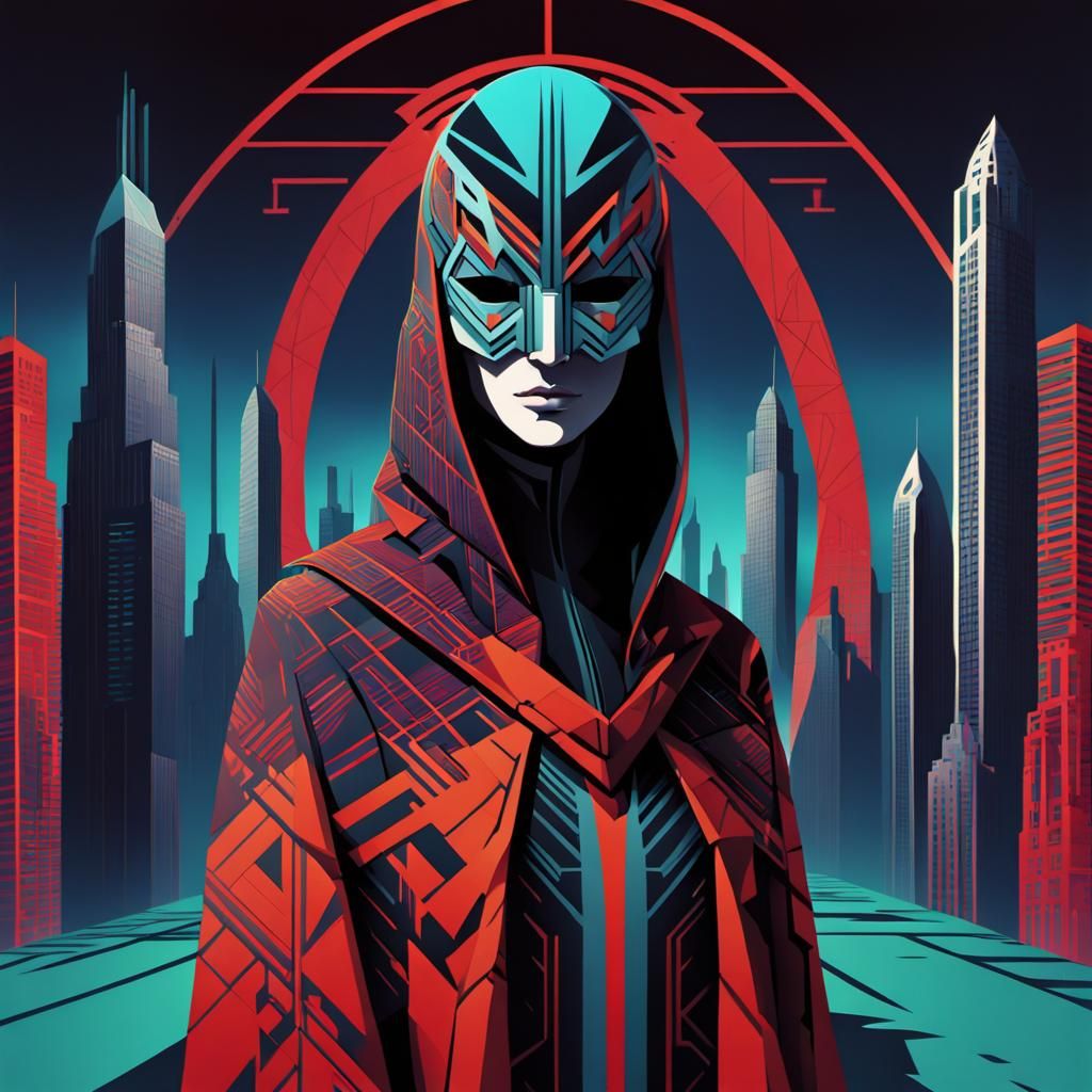 Mysterious Mage in Geometric Cityscape: Digital Art