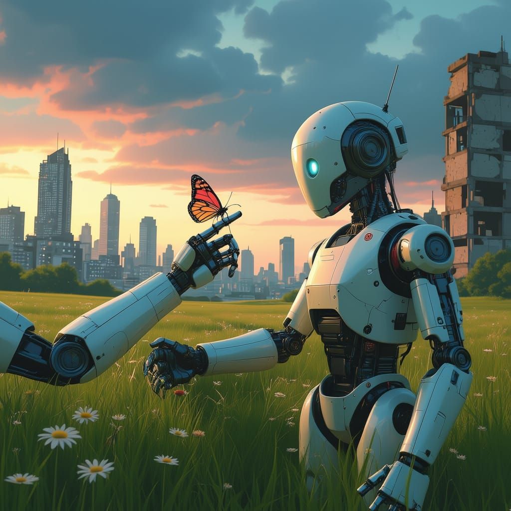 Robot and Butterfly in Surreal Landscape