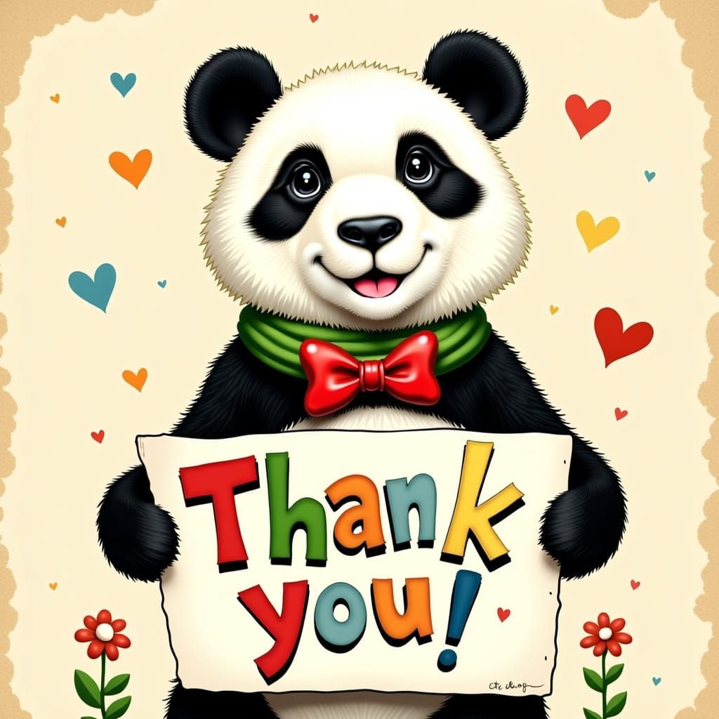 Whimsical Panda Expresses Gratitude in Hand-Drawn Style