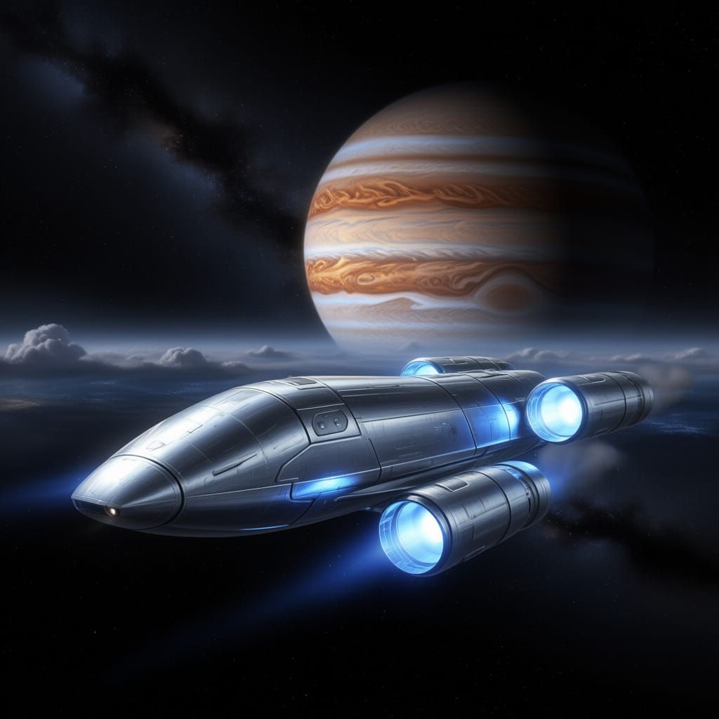 Silver Spaceship Approaches Jupiter in Epic Sci-Fi Art