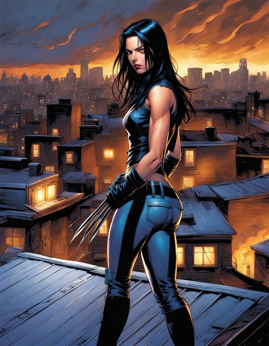 X-23 on Rooftop in Stormy Night, Comic Art