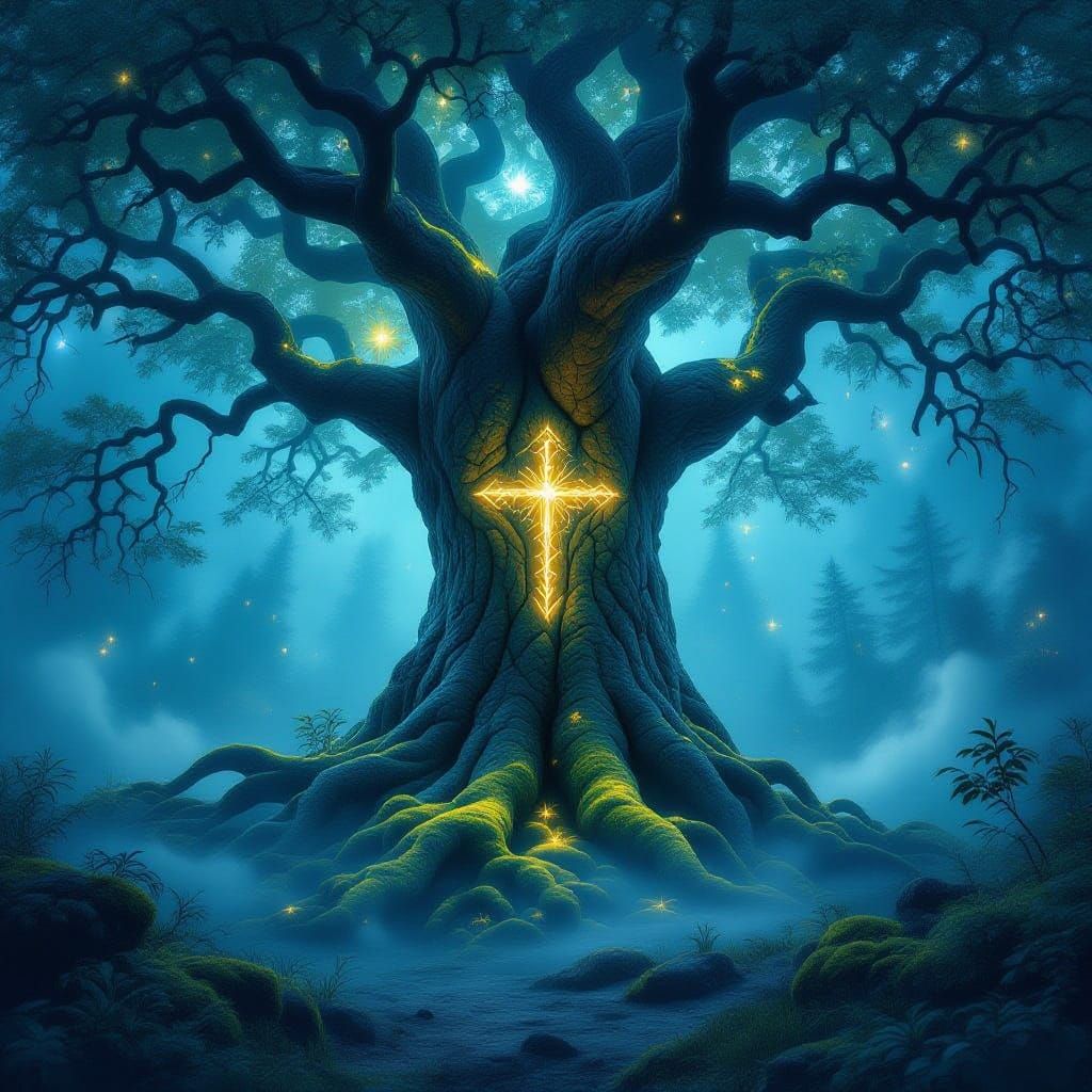 Ancient Tree in Stardust Mist