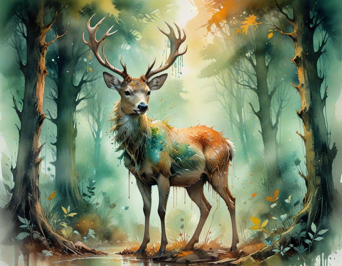 Enchanted Grove: Mystic Deer in Watercolor Art