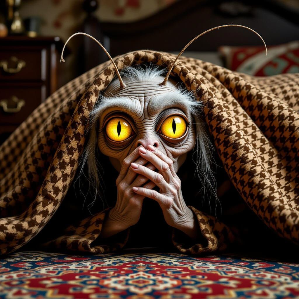 Mystical Creature with Luminous Eyes Under Bed