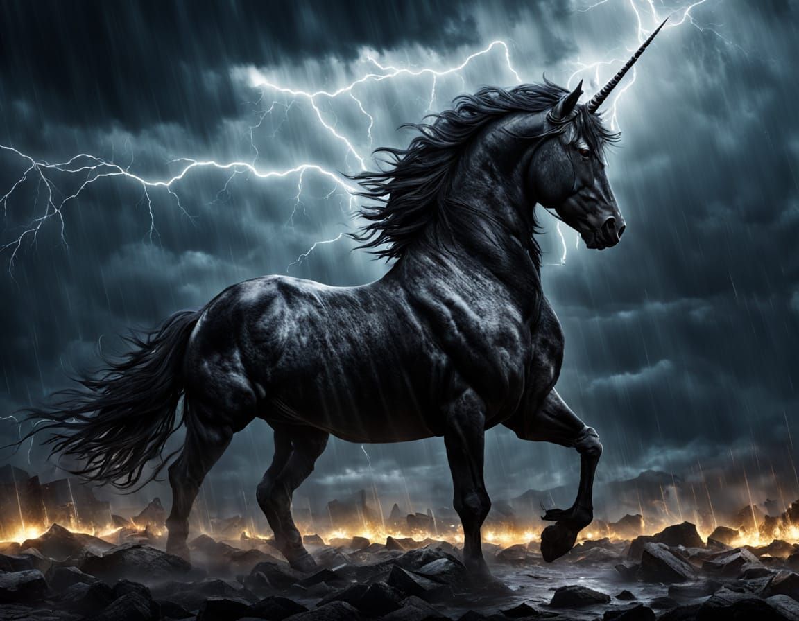 Dark Unicorn Surrounded by Spirits in Storm