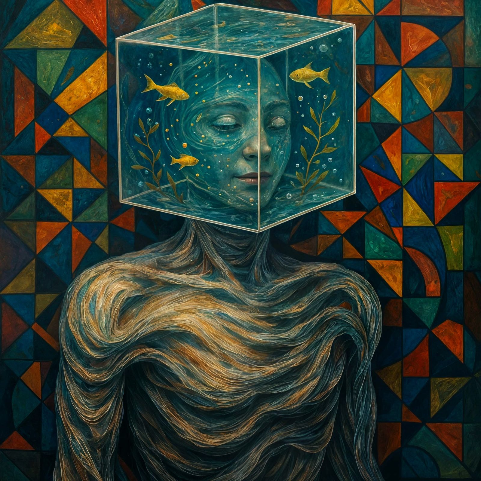Surreal Vortex of Serene Acceptance in Geometric Cage