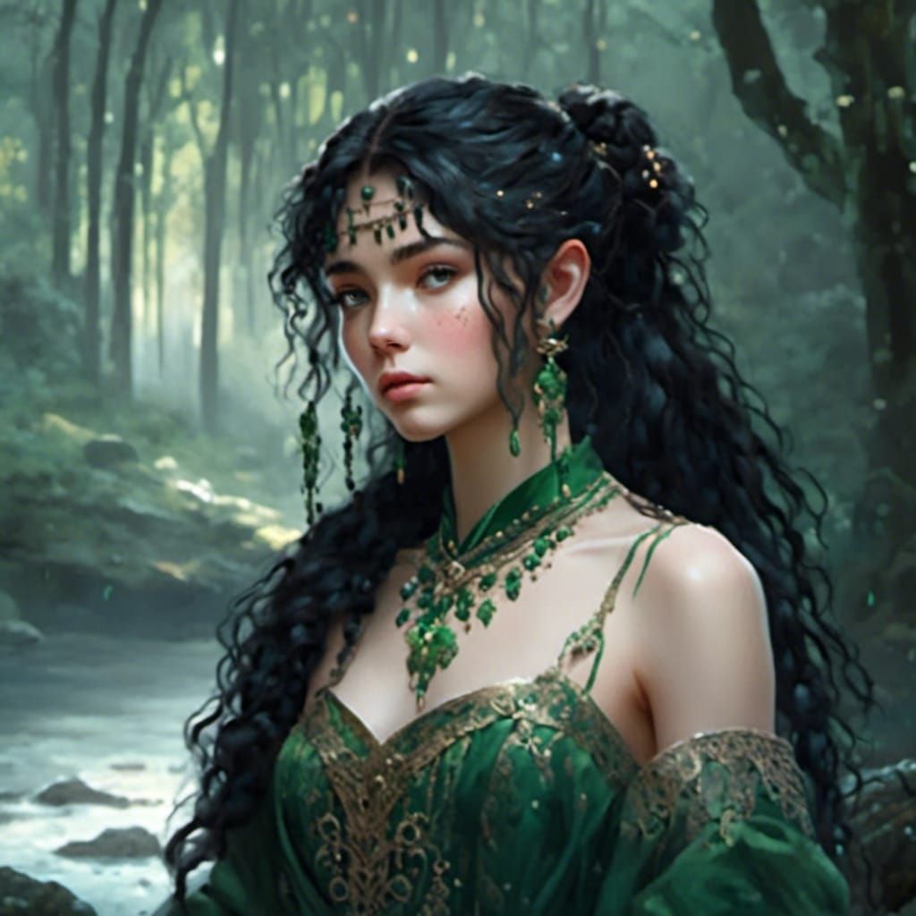 Beautiful Elf Druid in Forest, Digital Matte Painting