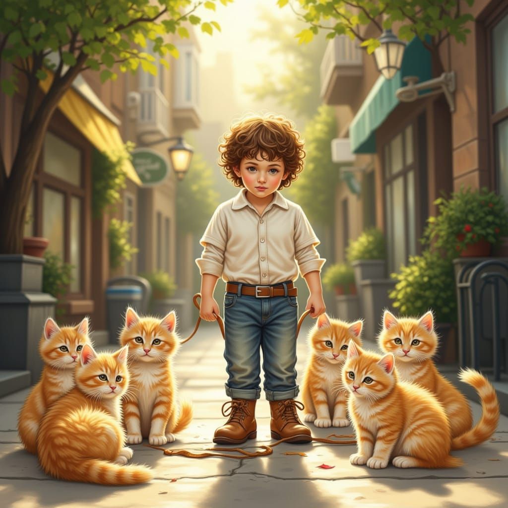 Boy Ties Kittens on Sunny Street in Children's Book Style