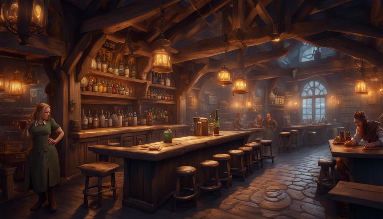 Fantasy Tavern Interior with Dwarf Waitress, Detailed Painti...