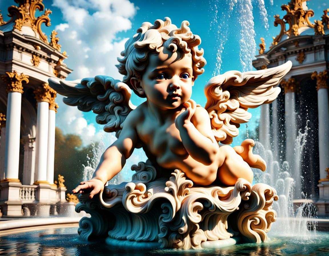 Rococo Cherub Fountain Digital Illustration