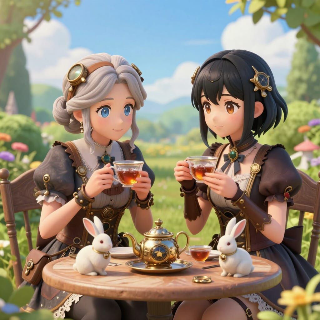 Steampunk Women Enjoy Tea With Rabbits in Garden