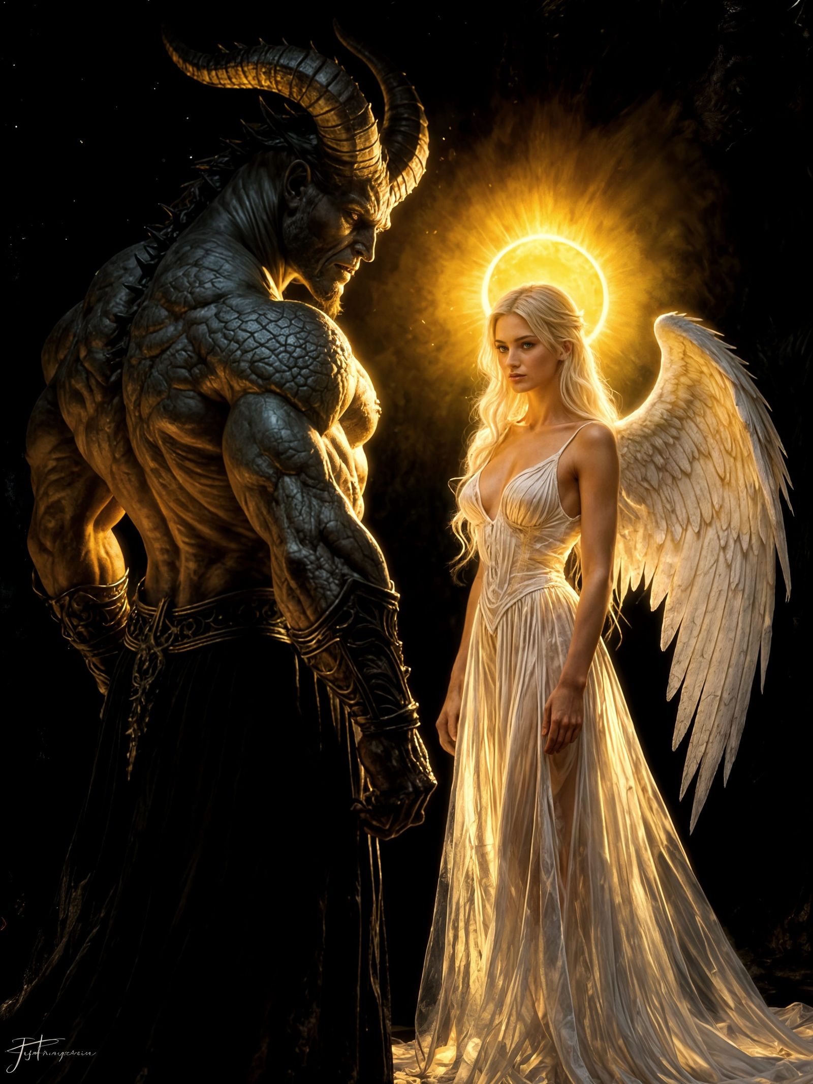 Demon and Angel Confrontation in Dramatic Digital Painting