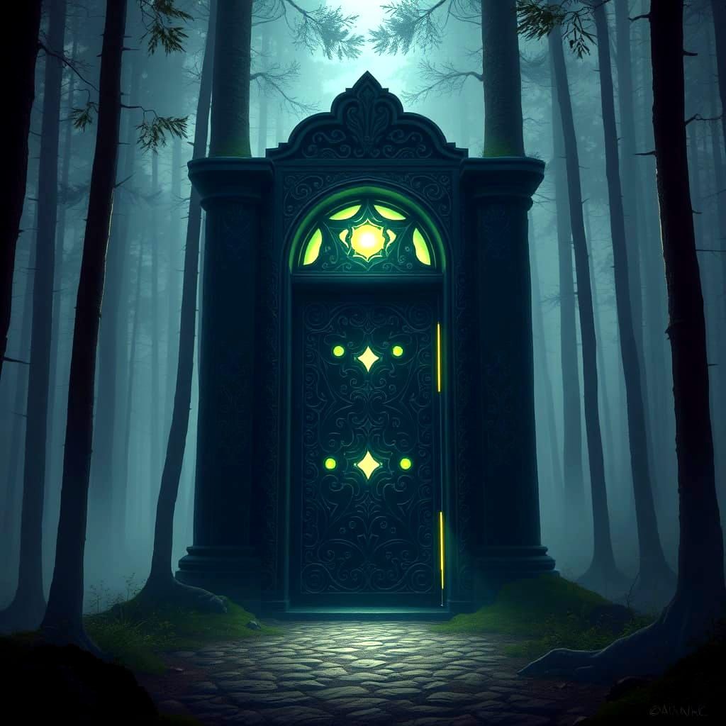Enigmatic Glowing Door in Forest Landscape