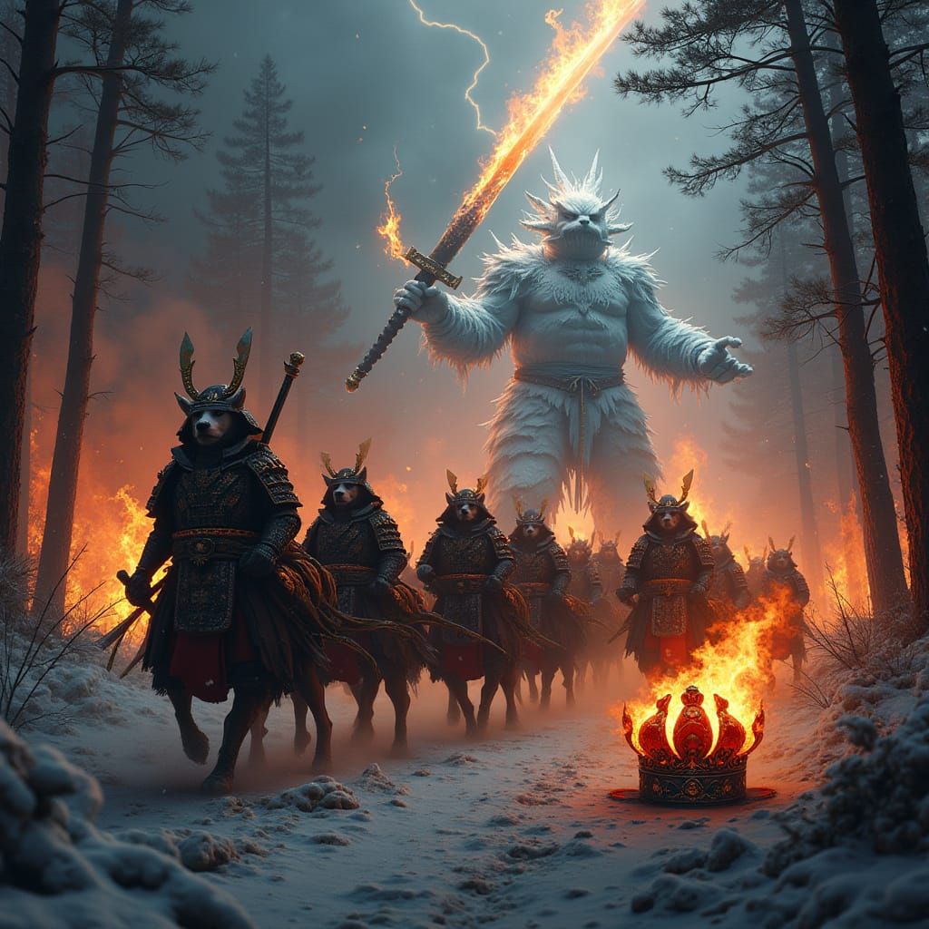 Samurai Hound-Dogs March Through Burning Forest with Giant E...
